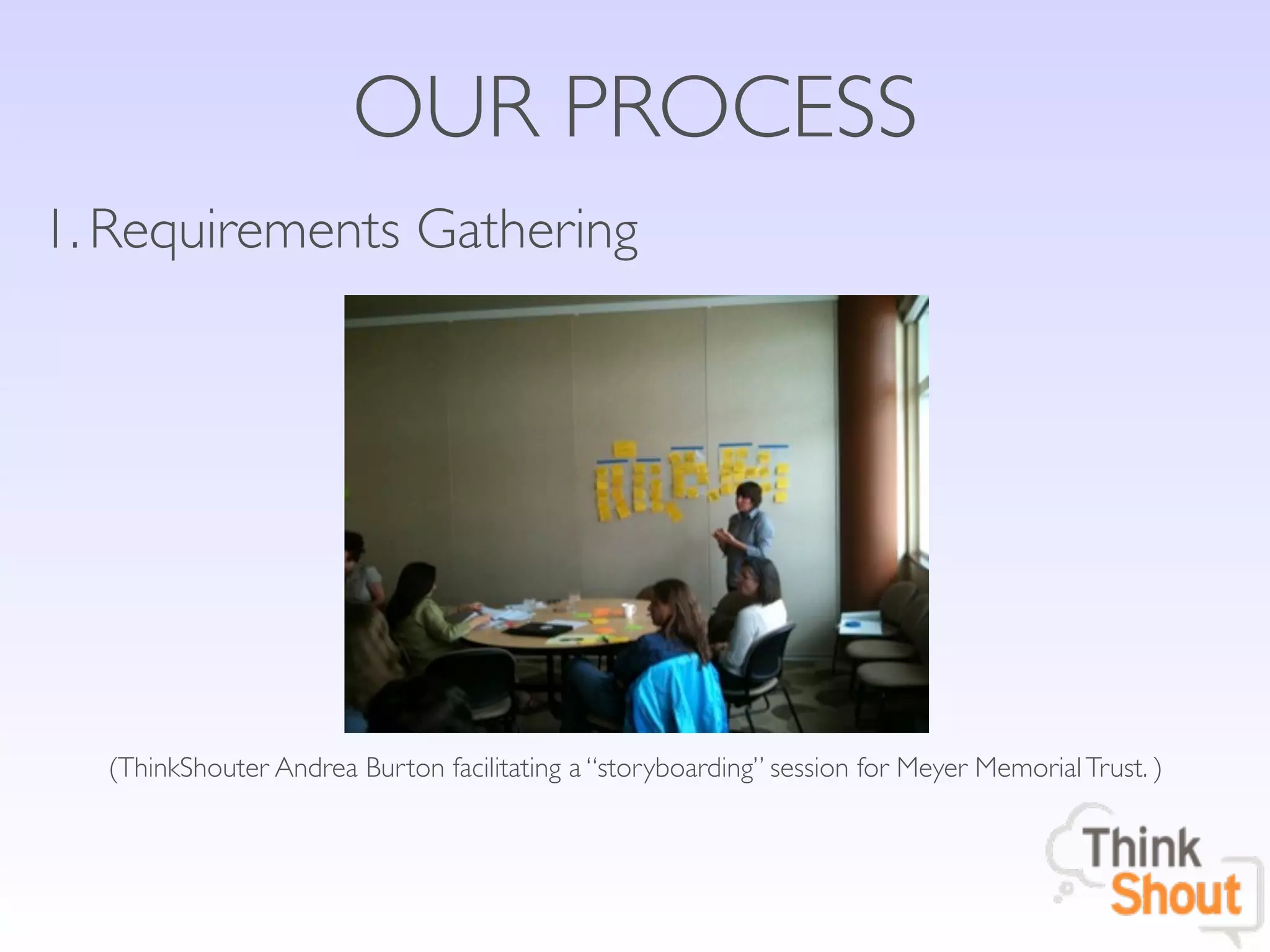 OUR PROCESS
1. Requirements Gathering




  (ThinkShouter Andrea Burton facilitating a “storyboarding” session for Meyer Memorial Trust. )
 