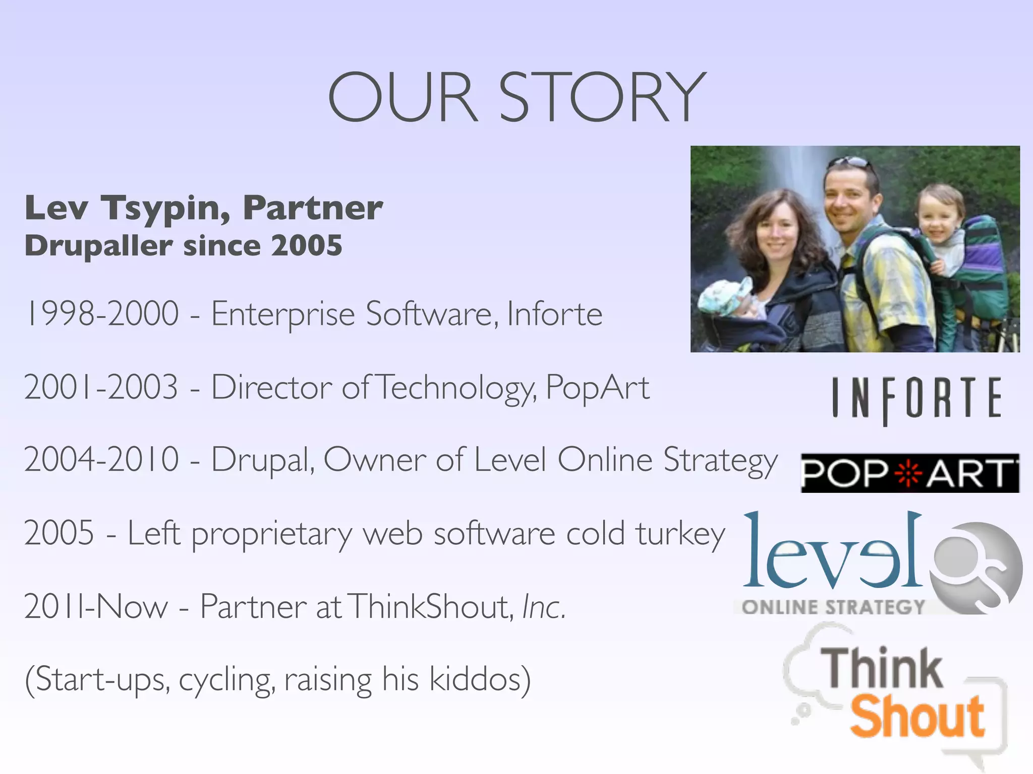 OUR STORY
Lev Tsypin, Partner
Drupaller since 2005

1998-2000 - Enterprise Software, Inforte

2001-2003 - Director of Technology, PopArt

2004-2010 - Drupal, Owner of Level Online Strategy

2005 - Left proprietary web software cold turkey

201l-Now - Partner at ThinkShout, Inc.

(Start-ups, cycling, raising his kiddos)
 