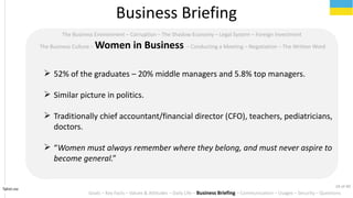 Tahiri.no
The Business Environment C Corruption C The Shadow Economy C Legal System C Foreign Investment
The Business Culture C Women in Business C Conducting a Meeting C Negotiation C The Written Word
? 52% of the graduates C 20% middle managers and 5.8% top managers.
? Similar picture in politics.
? Traditionally chief accountant/financial director (CFO), teachers, pediatricians,
doctors.
? Women must always remember where they belong, and must never aspire to
become general.
Business Briefing
Goals C Key Facts C Values & Attitudes C Daily Life C Business Briefing C Communication C Usages C Security C Questions
24 of 40
 