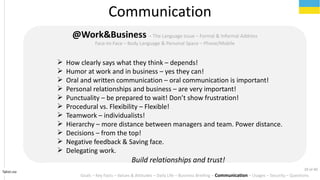 Tahiri.no
Communication
Goals C Key Facts C Values & Attitudes C Daily Life C Business Briefing C Communication C Usages C Security C Questions
@Work&Business C The Language Issue C Formal & Informal Address
Face-to-Face C Body Language & Personal Space C Phone/Mobile
? How clearly says what they think C depends!
? Humor at work and in business C yes they can!
? Oral and written communication C oral communication is important!
? Personal relationships and business C are very important!
? Punctuality C be prepared to wait! Dont show frustration!
? Procedural vs. Flexibility C Flexible!
? Teamwork C individualists!
? Hierarchy C more distance between managers and team. Power distance.
? Decisions C from the top!
? Negative feedback & Saving face.
? Delegating work.
Build relationships and trust!
29 of 40
 