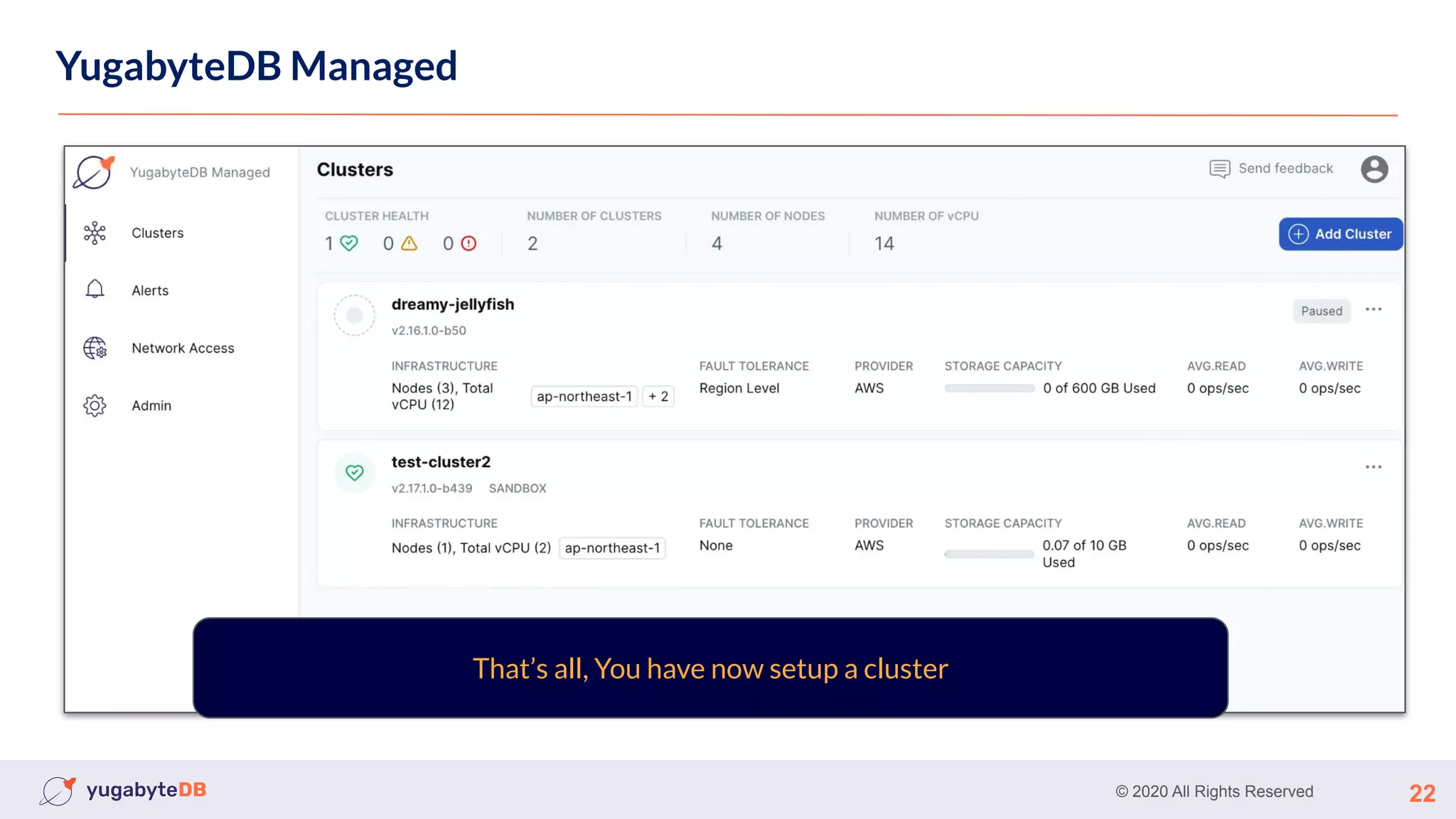 © 2020 All Rights Reserved 22
YugabyteDB Managed
That’s all, You have now setup a cluster
 