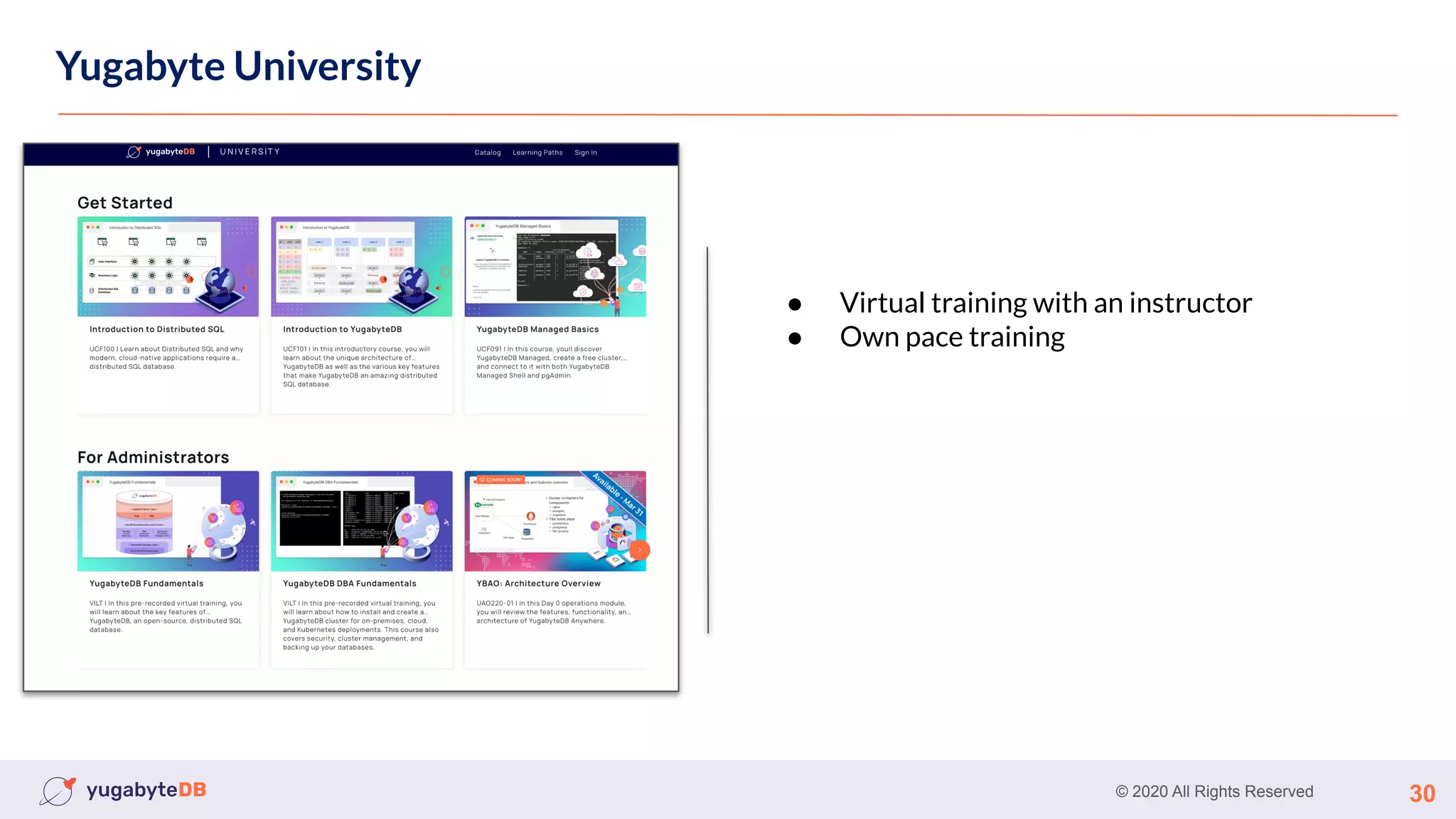 © 2020 All Rights Reserved 30
Yugabyte University
● Virtual training with an instructor
● Own pace training
 
