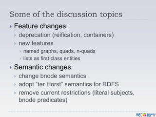 Some of the discussion topics<br />Feature changes:<br />deprecation (reification, containers)<br />new features<br />name...