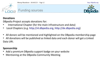 Meetup Mannheim– 2014/02/23 – Page 12

http://dbpedia.org

Funding sources
Donations
DBpedia Project accepts donations for:
●
International Chapter (for the main infrastructure and data)
●
Local Chapters (e.g. http://nl.dbpedia.org, http://de.dbpedia.org)
All donors will be mentioned and highlighted on the DBpedia membership page
●
All donations will be published as linked data and each donor will get a Linked
Data URI.
●

Sponsorship
●
Add a premium DBpedia support badge on your website
●
Mentioning at the DBpedia Community Meeting

 