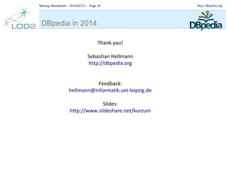 Meetup Mannheim– 2014/02/23 – Page 18

DBpedia in 2014
Thank you!
Sebastian Hellmann
http://dbpedia.org
Feedback:
hellmann@informatik.uni-leipzig.de
Slides:
http://www.slideshare.net/kurzum

http://dbpedia.org

 