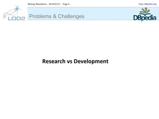 Meetup Mannheim– 2014/02/23 – Page 6

Problems & Challenges

Research vs Development

http://dbpedia.org

 