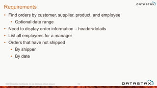 Requirements
• Find orders by customer, supplier, product, and employee
• Optional date range
• Need to display order information – header/details
• List all employees for a manager
• Orders that have not shipped
• By shipper
• By date
©2013 DataStax Confidential. Do not distribute without consent. 104
 
