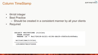 Column TimeStamp
• 64-bit integer
• Best Practice
– Should be created in a consistent manner by all your clients
• Required
 