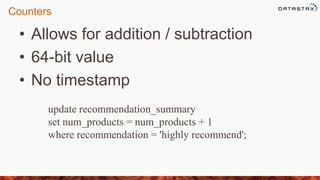 Counters
• Allows for addition / subtraction
• 64-bit value
• No timestamp
update recommendation_summary
set num_products = num_products + 1
where recommendation = 'highly recommend';
 