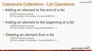 Cassandra Collections - List Operations
• Adding an element to the end of a list
28
UPDATE collections_example
SET list_example = list_example + ['3-three'] WHERE id = 1;
UPDATE collections_example
SET list_example = ['0-zero'] + list_example WHERE id = 1;
• Adding an element to the beginning of a list
UPDATE collections_example
SET list_example = list_example - ['3-three'] WHERE id = 1;
• Deleting an element from a list
 