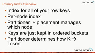Primary Index Overview
• Index for all of your row keys
• Per-node index
• Partitioner + placement manages
which node
• Keys are just kept in ordered buckets
• Partitioner determines how K 
Token
 