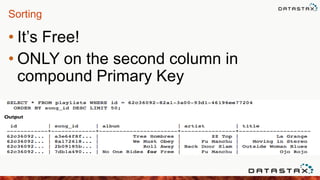 Sorting
• It‟s Free!
• ONLY on the second column in
compound Primary Key
 