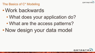 The Basics of C* Modeling
• Work backwards
• What does your application do?
• What are the access patterns?
• Now design your data model
 