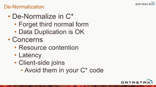 De-Normalization
• De-Normalize in C*
• Forget third normal form
• Data Duplication is OK
• Concerns
• Resource contention
• Latency
• Client-side joins
• Avoid them in your C* code
 