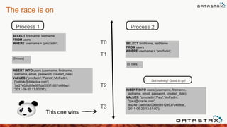 The race is on
Process 1 Process 2
SELECT firstName, lastName
FROM users
WHERE username = 'pmcfadin'; SELECT firstName, lastName
FROM users
WHERE username = 'pmcfadin';
(0 rows)
(0 rows)
INSERT INTO users (username, firstname,
lastname, email, password, created_date)
VALUES ('pmcfadin','Patrick','McFadin',
['patrick@datastax.com'],
'ba27e03fd95e507daf2937c937d499ab',
'2011-06-20 13:50:00'); INSERT INTO users (username, firstname,
lastname, email, password, created_date)
VALUES ('pmcfadin','Paul','McFadin',
['paul@oracle.com'],
'ea24e13ad95a209ded8912e937d499de',
'2011-06-20 13:51:00');
T0
T1
T2
T3
Got nothing! Good to go!
This one wins
 