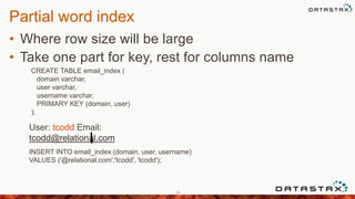 Partial word index
• Where row size will be large
• Take one part for key, rest for columns name
96
CREATE TABLE email_index (
domain varchar,
user varchar,
username varchar,
PRIMARY KEY (domain, user)
);
INSERT INTO email_index (domain, user, username)
VALUES ('@relational.com','tcodd', 'tcodd');
User: tcodd Email:
tcodd@relational.com
 