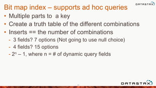Bit map index – supports ad hoc queries
• Multiple parts to a key
• Create a truth table of the different combinations
• Inserts == the number of combinations
- 3 fields? 7 options (Not going to use null choice)
- 4 fields? 15 options
- 2n – 1, where n = # of dynamic query fields
98
 