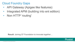 23© Copyright 2014 Pivotal. All rights reserved.
•  API Gateway (Apigee like features)
•  Integrated APM (building into ent edition)
•  Non HTTP ‘routing’
Cloud Foundry Gaps
Result: Joining CF Foundation to innovate together…
 