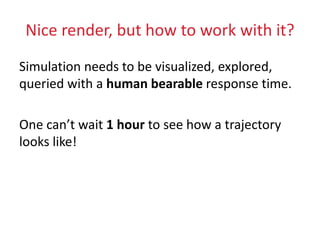 Nice render, but how to work with it?
Simulation needs to be visualized, explored,
queried with a human bearable response time.
One can’t wait 1 hour to see how a trajectory
looks like!
 
