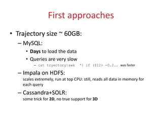 First approaches
• Trajectory size ~ 60GB:
– MySQL:
• Days to load the data
• Queries are very slow
– cat tryectory|awk ‘{ if ($12> -0.2…. was faster
– Impala on HDFS:
scales extremely, run at top CPU: still, reads all data in memory for
each query
– Cassandra+SOLR:
some trick for 2D, no true support for 3D
 