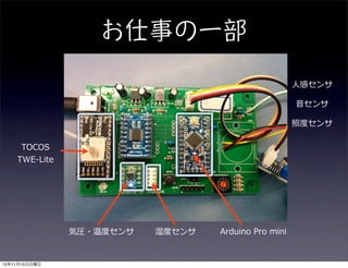 Arduino Pro mini
TOCOS
TWE-Lite
気圧・温度センサ 湿度センサ
⼈感センサ
⾳センサ
照度センサ
15年11月15日日曜日
 