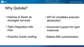 Case Study: Pinterest
Why Qubole?
• API for simplified executor
abstraction
• Advanced support for spot
instances
• Baked AMI customization
• Hadoop & Spark as
managed services
• Tight integration with
Hive
• Graceful cluster scaling
 