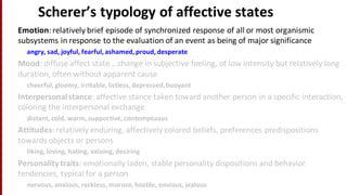 Scherer’s	
  typology	
  of	
  affective	
  states
Emotion:	
  relatively	
  brief	
  episode	
  of	
  synchronized	
  response	
  of	
  all	
  or	
  most	
  organismic	
  
subsystems	
  in	
  response	
  to	
  the	
  evaluation	
  of	
  an	
  event	
  as	
  being	
  of	
  major	
  significance
angry,	
  sad,	
  joyful,	
  fearful,	
  ashamed,	
  proud,	
  desperate
Mood:	
  diffuse	
  affect	
  state	
  …change	
  in	
  subjective	
  feeling,	
  of	
  low	
  intensity	
  but	
  relatively	
  long	
  
duration,	
  often	
  without	
  apparent	
  cause
cheerful,	
  gloomy,	
  irritable,	
  listless,	
  depressed,	
  buoyant
Interpersonal	
  stance:	
  affective	
  stance	
  taken	
  toward	
  another	
  person	
  in	
  a	
  specific	
  interaction,	
  
coloring	
  the	
  interpersonal	
  exchange
distant,	
  cold,	
  warm,	
  supportive,	
  contemptuous
Attitudes:	
  relatively	
  enduring,	
  affectively	
  colored	
  beliefs,	
  preferences	
  predispositions	
  
towards	
  objects	
  or	
  persons	
  
liking,	
  loving,	
  hating,	
  valuing,	
  desiring
Personality	
  traits:	
  emotionally	
  laden,	
  stable	
  personality	
  dispositions	
  and	
  behavior	
  
tendencies,	
  typical	
  for	
  a	
  person
nervous,	
  anxious,	
  reckless,	
  morose,	
  hostile,	
  envious,	
  jealous
 