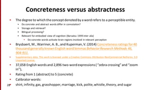 Concreteness	
  versus	
  abstractness
• The	
  degree	
  to	
  which	
  the	
  concept	
  denoted	
  by	
  a	
  word	
  refers	
  to	
  a	
  perceptible	
  entity.
• Do	
  concrete	
  and	
  abstract	
  words	
  differ	
  in	
  connotation?
• Storage	
  and	
  retrieval?
• Bilingual	
  processing?
• Relevant	
  for	
  embodied	
  view	
  of	
  cognition	
  (Barsalou 1999	
  inter	
  alia)
• Do	
  concrete	
  words	
  activate	
  brain	
  regions	
  involved	
  in	
  relevant	
  perception
• Brysbaert,	
  M.,	
  Warriner,	
  A.	
  B.,	
  and Kuperman,	
  V.	
  (2014) Concreteness	
  ratings	
  for	
  40	
  
thousand	
  generally	
  known	
  English	
  word	
  lemmasBehavior	
  Research	
  Methods	
  46,	
  
904-­‐911.
• Supplementary	
  data: This	
  work	
  is	
  licensed	
  under	
  a Creative	
  Commons	
  Attribution-­‐NonCommercial-­‐NoDerivs	
   3.0	
  
Unported	
  License.
• 37,058	
  English	
  words	
  and	
  2,896	
  two-­‐word	
  expressions	
  (	
  “zebra	
  crossing”	
  and	
  “zoom	
  
in”),	
  
• Rating	
  from	
  1	
  (abstract)	
  to	
  5	
  (concrete)
• Calibrator	
  words:
• shirt,	
  infinity,	
  gas,	
  grasshopper,	
  marriage,	
  kick,	
  polite,	
  whistle,	
  theory,	
  and	
  sugar	
  28
 