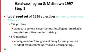 Hatzivassiloglou &	
  McKeown 1997
Step	
  1
• Label	
  seed	
  set	
  of	
  1336	
  adjectives	
  (all	
  >20	
  in	
  21	
  million	
  word	
  
WSJ	
  corpus)
• 657	
  positive
• adequate	
  central	
  clever	
  famous	
  intelligent	
  remarkable	
  
reputed	
  sensitive	
  slender	
  thriving…
• 679	
  negative
• contagious	
  drunken	
  ignorant	
  lanky	
  listless	
  primitive	
  
strident	
  troublesome	
  unresolved	
  unsuspecting…
34
 