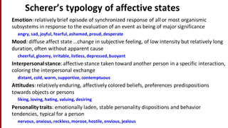 Scherer’s	
  typology	
  of	
  affective	
  states
Emotion:	
  relatively	
  brief	
  episode	
  of	
  synchronized	
  response	
  of	
  all	
  or	
  most	
  organismic	
  
subsystems	
  in	
  response	
  to	
  the	
  evaluation	
  of	
  an	
  event	
  as	
  being	
  of	
  major	
  significance
angry,	
  sad,	
  joyful,	
  fearful,	
  ashamed,	
  proud,	
  desperate
Mood:	
  diffuse	
  affect	
  state	
  …change	
  in	
  subjective	
  feeling,	
  of	
  low	
  intensity	
  but	
  relatively	
  long	
  
duration,	
  often	
  without	
  apparent	
  cause
cheerful,	
  gloomy,	
  irritable,	
  listless,	
  depressed,	
  buoyant
Interpersonal	
  stance:	
  affective	
  stance	
  taken	
  toward	
  another	
  person	
  in	
  a	
  specific	
  interaction,	
  
coloring	
  the	
  interpersonal	
  exchange
distant,	
  cold,	
  warm,	
  supportive,	
  contemptuous
Attitudes:	
  relatively	
  enduring,	
  affectively	
  colored	
  beliefs,	
  preferences	
  predispositions	
  
towards	
  objects	
  or	
  persons	
  
liking,	
  loving,	
  hating,	
  valuing,	
  desiring
Personality	
  traits:	
  emotionally	
  laden,	
  stable	
  personality	
  dispositions	
  and	
  behavior	
  
tendencies,	
  typical	
  for	
  a	
  person
nervous,	
  anxious,	
  reckless,	
  morose,	
  hostile,	
  envious,	
  jealous
 