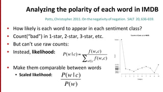 Analyzing	
  the	
  polarity	
  of	
  each	
  word	
  in	
  IMDB
• How	
  likely	
  is	
  each	
  word	
  to	
  appear	
  in	
  each	
  sentiment	
  class?
• Count(“bad”)	
  in	
  1-­‐star,	
  2-­‐star,	
  3-­‐star,	
  etc.
• But	
  can’t	
  use	
  raw	
  counts:	
  
• Instead,	
  likelihood:
• Make	
  them	
  comparable	
  between	
  words
• Scaled	
  likelihood:
Potts,	
  Christopher.	
  2011.	
  On	
  the	
  negativity	
  of	
  negation.	
  	
  SALT	
  	
  20,	
  636-­‐659.
P(w | c) =
f (w,c)
f (w,c)
w∈c
∑
P(w | c)
P(w)
 