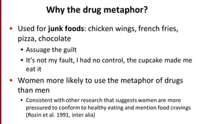 Why	
  the	
  drug	
  metaphor?
• Used	
  for	
  junk	
  foods:	
  chicken	
  wings,	
  french fries,	
  
pizza,	
  chocolate
• Assuage	
  the	
  guilt
• It’s	
  not	
  my	
  fault,	
  I	
  had	
  no	
  control,	
  the	
  cupcake	
  made	
  me	
  
eat	
  it
• Women	
  more	
  likely	
  to	
  use	
  the	
  metaphor	
  of	
  drugs	
  
than	
  men
• Consistent	
  with	
  other	
  research	
  that	
  suggests	
  women	
  are	
  more	
  
pressured	
  to	
  conform	
  to	
  healthy	
  eating	
  and	
  mention	
  food	
  cravings	
  
(Rozin et	
  al.	
  1991,	
  inter	
  alia)	
  
 
