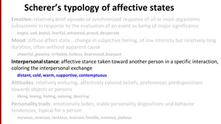 Scherer’s	
  typology	
  of	
  affective	
  states
Emotion:	
  relatively	
  brief	
  episode	
  of	
  synchronized	
  response	
  of	
  all	
  or	
  most	
  organismic	
  
subsystems	
  in	
  response	
  to	
  the	
  evaluation	
  of	
  an	
  event	
  as	
  being	
  of	
  major	
  significance
angry,	
  sad,	
  joyful,	
  fearful,	
  ashamed,	
  proud,	
  desperate
Mood:	
  diffuse	
  affect	
  state	
  …change	
  in	
  subjective	
  feeling,	
  of	
  low	
  intensity	
  but	
  relatively	
  long	
  
duration,	
  often	
  without	
  apparent	
  cause
cheerful,	
  gloomy,	
  irritable,	
  listless,	
  depressed,	
  buoyant
Interpersonal	
  stance:	
  affective	
  stance	
  taken	
  toward	
  another	
  person	
  in	
  a	
  specific	
  interaction,	
  
coloring	
  the	
  interpersonal	
  exchange
distant,	
  cold,	
  warm,	
  supportive,	
  contemptuous
Attitudes:	
  relatively	
  enduring,	
  affectively	
  colored	
  beliefs,	
  preferences	
  predispositions	
  
towards	
  objects	
  or	
  persons	
  
liking,	
  loving,	
  hating,	
  valuing,	
  desiring
Personality	
  traits:	
  emotionally	
  laden,	
  stable	
  personality	
  dispositions	
  and	
  behavior	
  
tendencies,	
  typical	
  for	
  a	
  person
nervous,	
  anxious,	
  reckless,	
  morose,	
  hostile,	
  envious,	
  jealous
 