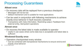 © 2015 DataTorrent
Processing Guarantees
18
Atleast once
• On recovery data will be replayed from a previous checkpoint
ᵒ Messages will not be lost
ᵒ Default mechanism and is suitable for most applications
• Can be used in conjunction with following mechanisms to achieve
exactly-once behavior in fault recovery scenarios
ᵒ Transactions with meta information, Rewinding output, Feedback from
external entity, Idempotent operations
Atmost once
• On recovery the latest data is made available to operator
ᵒ Useful in use cases where some data loss is acceptable and latest data is
sufficient
Windowed Exactly once
• Operators checkpointed every window
ᵒ Can be combined with transactional mechanisms to ensure end-to-end
exactly once behavior
 