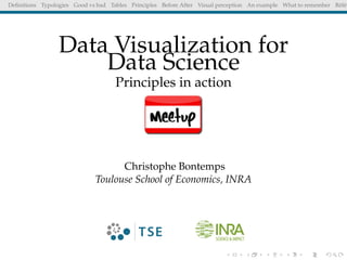 Deﬁnitions Typologies Good vs bad Tables Principles Before After Visual perception An example What to remember Référ
Data Visualization for
Data Science
Principles in action
Christophe Bontemps
Toulouse School of Economics, INRA
 