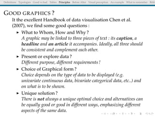 Deﬁnitions Typologies Good vs bad Tables Principles Before After Visual perception An example What to remember Référ
GOOD GRAPHICS ?
It the excellent Handbook of data visualisation Chen et al.
(2007), we ﬁnd some good questions :
What to Whom, How and Why ?
A graphic may be linked to three pieces of text : its caption, a
headline and an article it accompanies. Ideally, all three should
be consistent and complement each other.
Present or explore data ?
Different purpose, different requirements !
Choice of Graphical form ?
Choice depends on the type of data to be displayed (e.g.
univariate continuous data, bivariate categorical data, etc..) and
on what is to be shown.
Unique solution ?
There is not always a unique optimal choice and alternatives can
be equally good or good in different ways, emphasizing different
aspects of the same data.
 