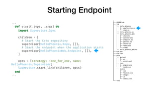 Starting Endpoint
...
def start(_type, _args) do
import Supervisor.Spec
children = [
# Start the Ecto repository
superviso...