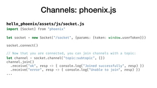 Channels: phoenix.js
hello_phoenix/assets/js/socket.js
import {Socket} from "phoenix"
let socket = new Socket("/socket", {...