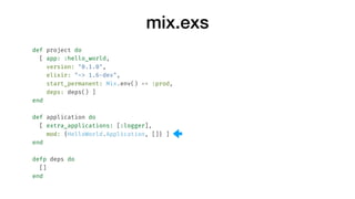 mix.exs
def project do
[ app: :hello_world,
version: "0.1.0",
elixir: "~> 1.6-dev",
start_permanent: Mix.env() == :prod,
d...