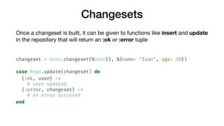 Changesets
Once a changeset is built, it can be given to functions like insert and update
in the repository that will retu...