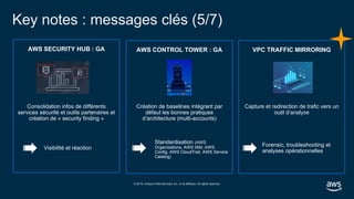© 2019, Amazon Web Services, Inc. or its affiliates. All rights reserved.
Key notes : messages clés (5/7)
AWS SECURITY HUB : GA
Consolidation infos de différents
services sécurité et outils partenaires et
création de « security finding »
AWS CONTROL TOWER : GA
Création de baselines intégrant par
défaut les bonnes pratiques
d’architecture (multi-accounts)
VPC TRAFFIC MIRRORING
Capture et redirection de trafic vers un
outil d’analyse
Visibilité et réaction
Standardisation (AWS
Organizations, AWS IAM, AWS
Config, AWS CloudTrail, AWS Service
Catalog)
Forensic, troubleshooting et
analyses opérationnelles
 