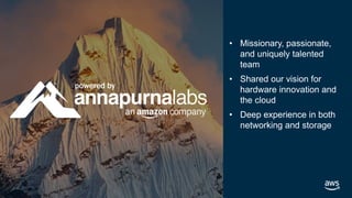© 2019, Amazon Web Services, Inc. or its affiliates. All rights reserved.
• Missionary, passionate,
and uniquely talented
team
• Shared our vision for
hardware innovation and
the cloud
• Deep experience in both
networking and storage
 
