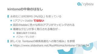 kintoneの中⾝のはなし
▌永続化にはRDBMS (MySQL) を使っている
l 1アプリ=1table ではない
l 固定のtableに⾊々な形のアプリがマッピングされる
l 複雑なクエリが多く発⾏される場合が…
l 複雑な条件での絞込
l パフォーマンスが…
▌詳しくは「kintoneの検索⾼速化への取り組み」を参照
l https://www.slideshare.net/RyoMitoma/kintone-73674134
9
 