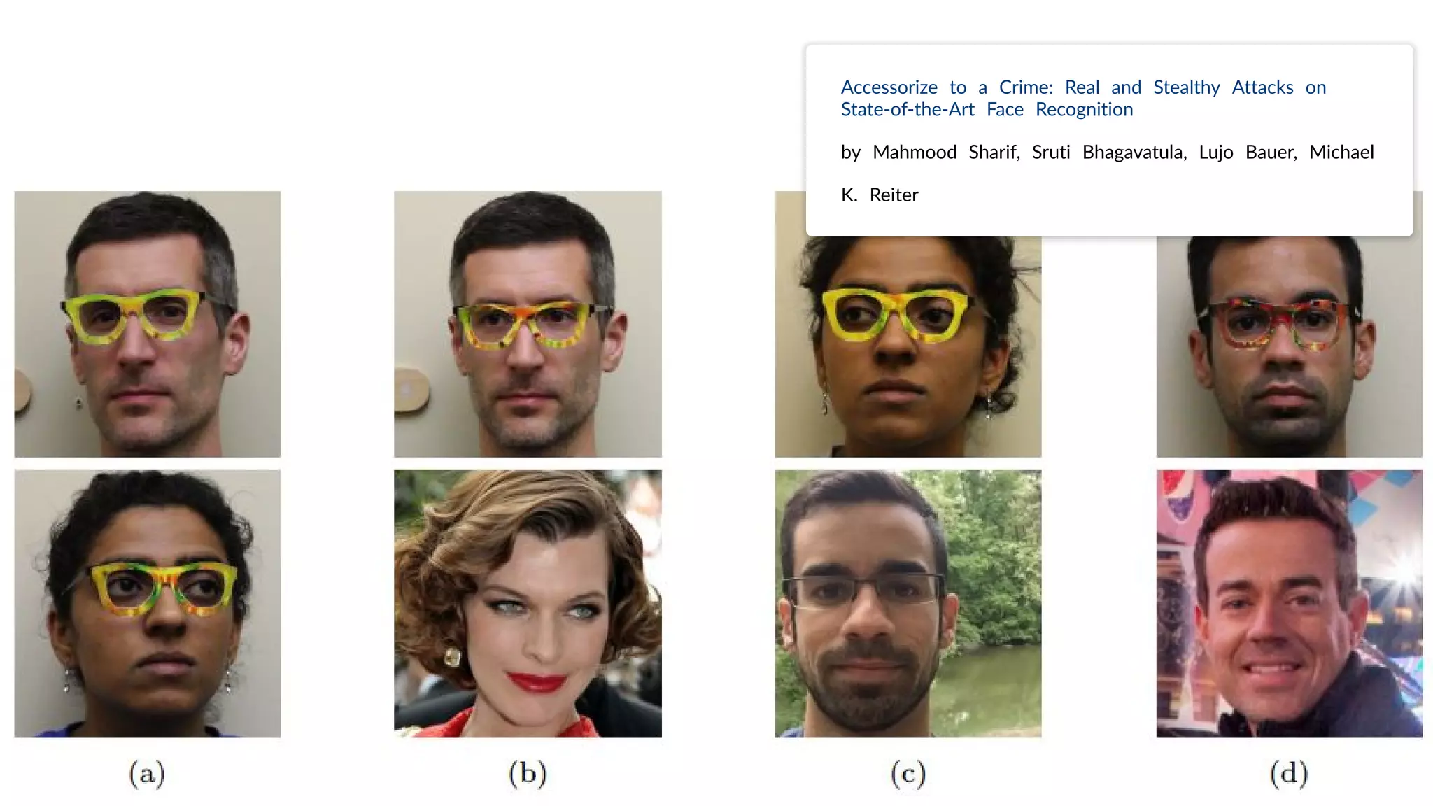 Accessorize to a Crime: Real and Stealthy Attacks on
State-of-the-Art Face Recognition
by Mahmood Sharif, Sruti Bhagavatula, Lujo Bauer, Michael
K. Reiter
 