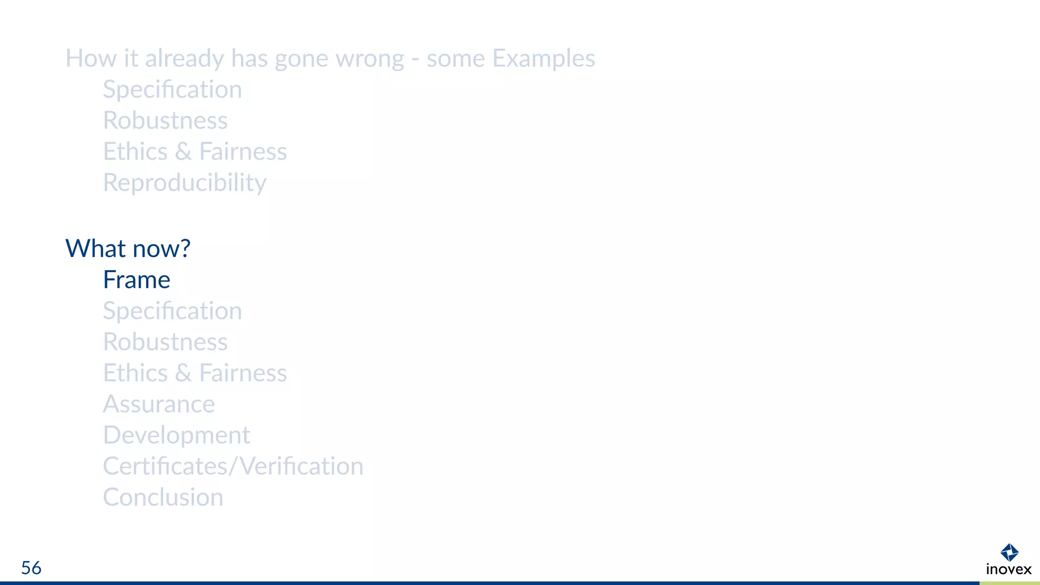 How it already has gone wrong - some Examples
Speciﬁcation
Robustness
Ethics & Fairness
Reproducibility
What now?
Frame
Speciﬁcation
Robustness
Ethics & Fairness
Assurance
Development
Certiﬁcates/Veriﬁcation
Conclusion
56
 