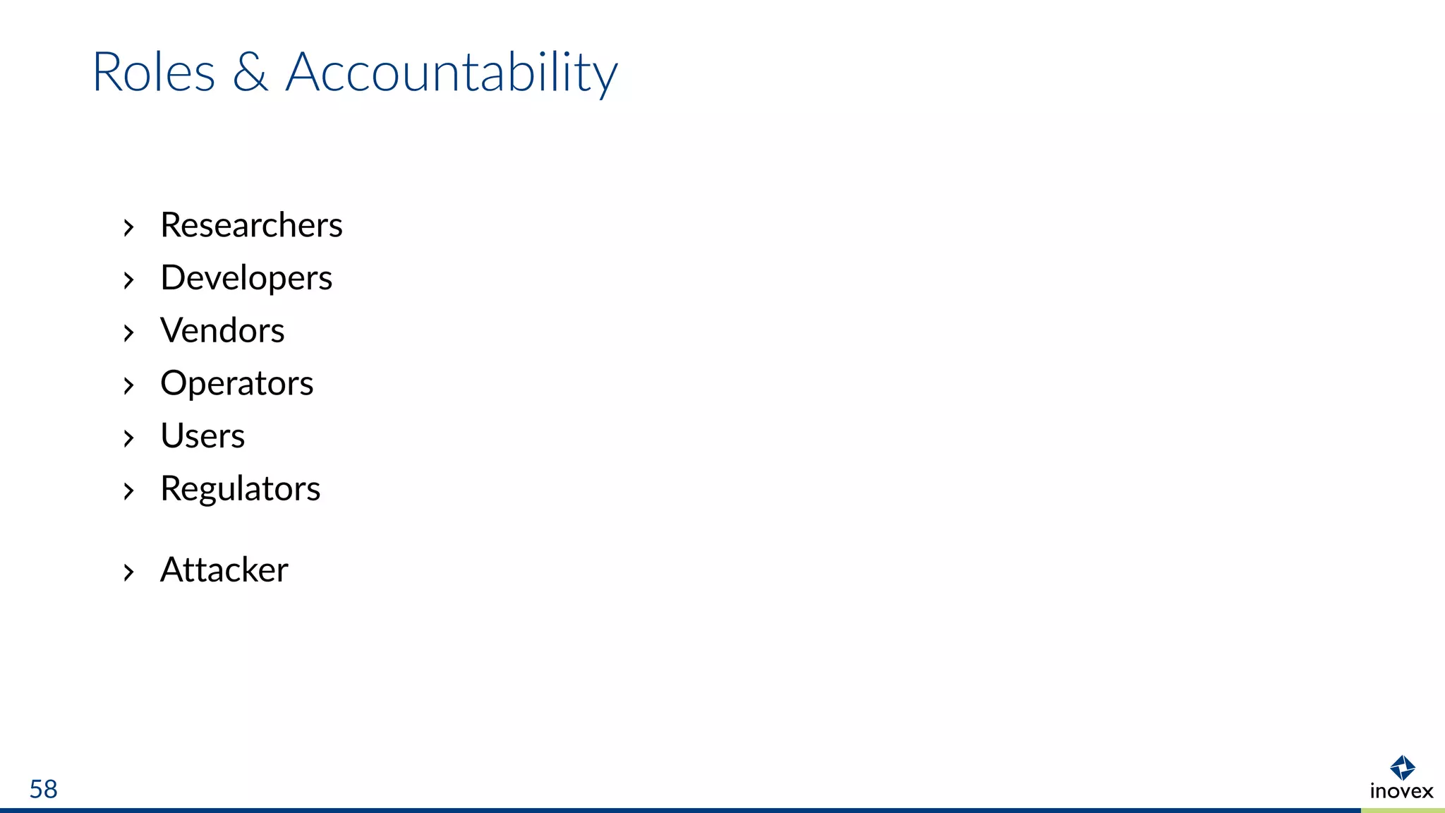 Roles & Accountability
Researchers
Developers
Vendors
Operators
Users
Regulators
Attacker
58
 