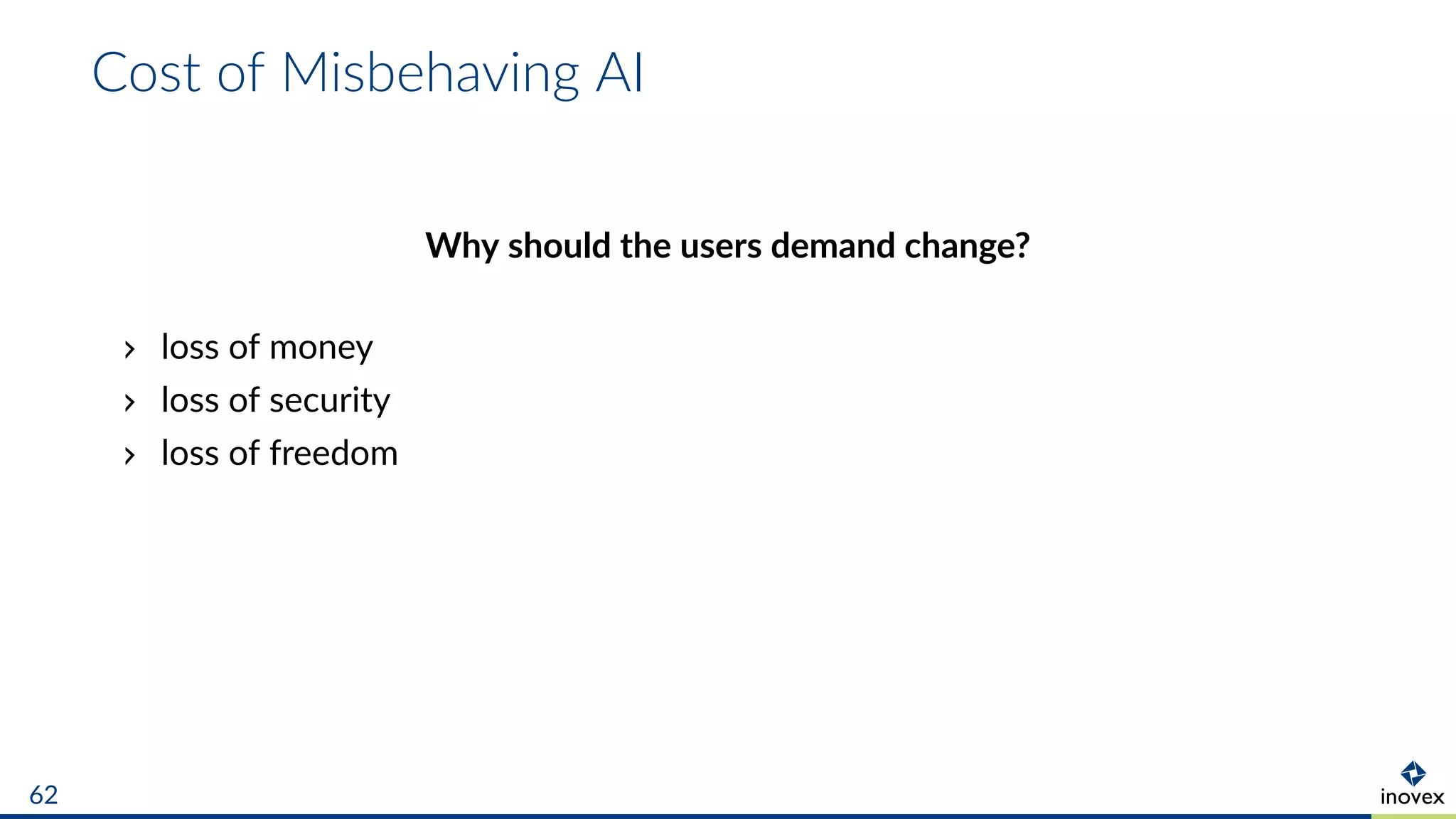 Cost of Misbehaving AI
Why should the users demand change?
loss of money
loss of security
loss of freedom
62
 