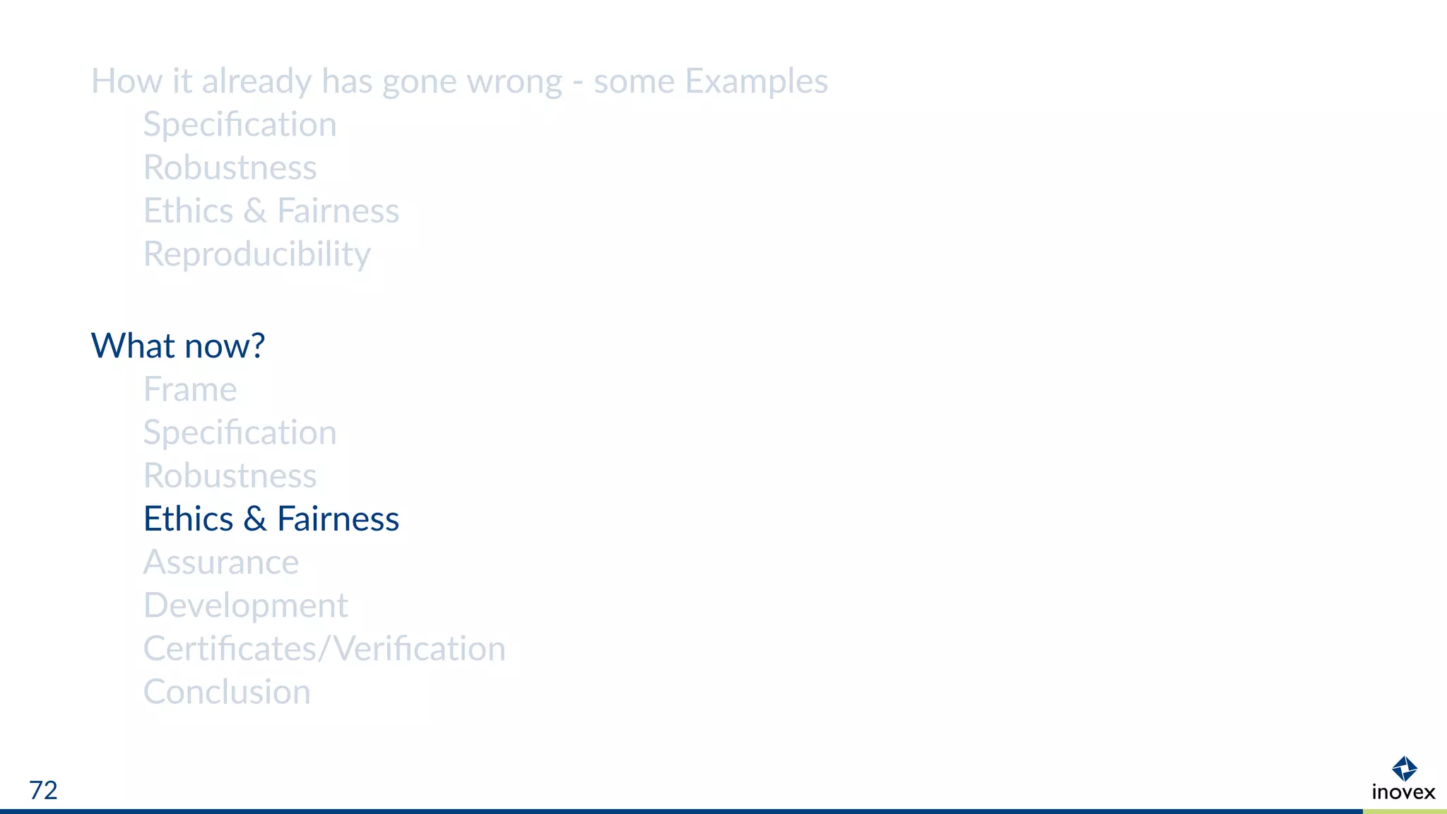 How it already has gone wrong - some Examples
Speciﬁcation
Robustness
Ethics & Fairness
Reproducibility
What now?
Frame
Speciﬁcation
Robustness
Ethics & Fairness
Assurance
Development
Certiﬁcates/Veriﬁcation
Conclusion
72
 