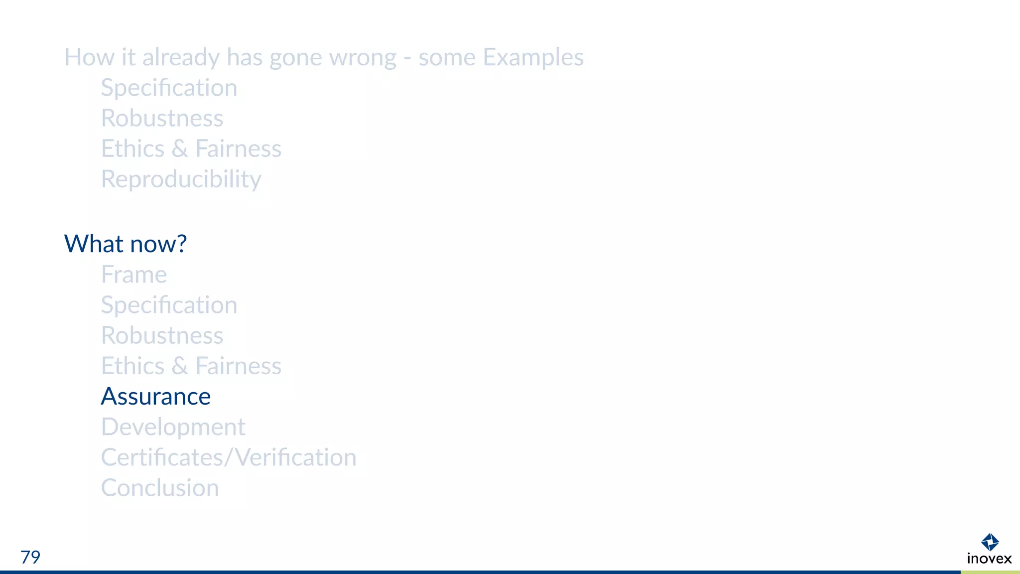 How it already has gone wrong - some Examples
Speciﬁcation
Robustness
Ethics & Fairness
Reproducibility
What now?
Frame
Speciﬁcation
Robustness
Ethics & Fairness
Assurance
Development
Certiﬁcates/Veriﬁcation
Conclusion
79
 
