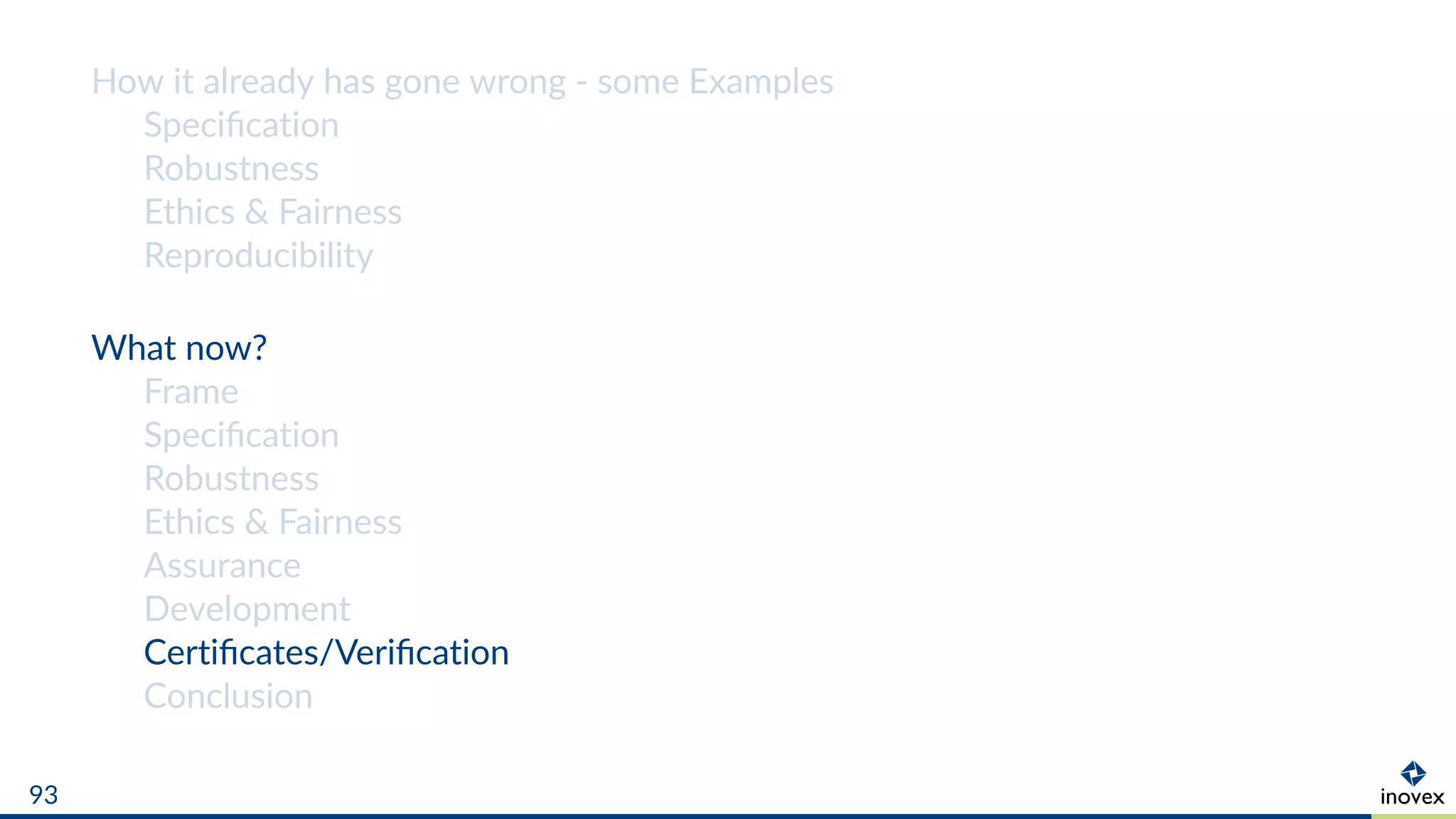 How it already has gone wrong - some Examples
Speciﬁcation
Robustness
Ethics & Fairness
Reproducibility
What now?
Frame
Speciﬁcation
Robustness
Ethics & Fairness
Assurance
Development
Certiﬁcates/Veriﬁcation
Conclusion
93
 